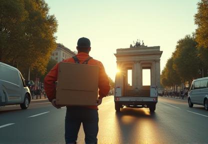 Coursier aux portes de Paris, camion de livraison et vue urbaine